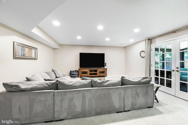 living room featuring french doors and recessed lighting