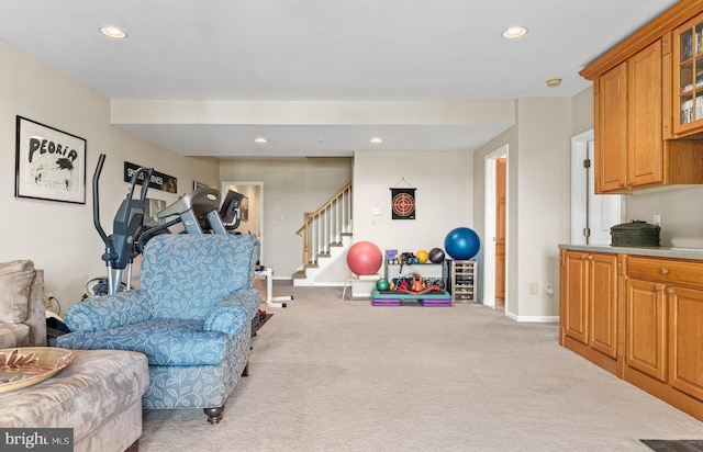 1123 Riverview Ln, Conshohocken, PA 19428 - living area featuring light colored carpet, baseboards, stairway, and recessed lighting