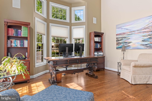 1123 Riverview Ln, Conshohocken, PA 19428 - office area with plenty of natural light, a high ceiling, baseboards, and wood finished floors