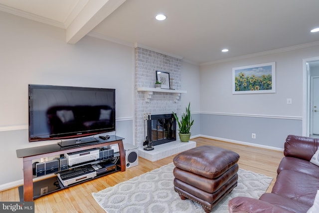 7530 Royce Ct, Annandale, VA 22003 - living room featuring wood finished floors, a brick fireplace, crown molding, recessed lighting, and beamed ceiling