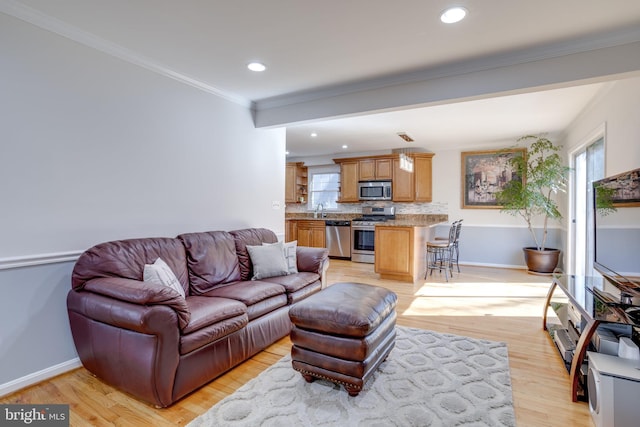 7530 Royce Ct, Annandale, VA 22003 - living room with light wood-style floors, recessed lighting, baseboards, and ornamental molding