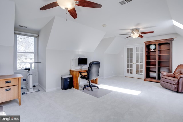 7530 Royce Ct, Annandale, VA 22003 - home office featuring ceiling fan, light colored carpet, vaulted ceiling, and baseboards