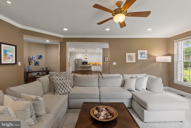 1002 Queen Annes Lace Way, Annapolis, MD 21401 - living room featuring recessed lighting, a ceiling fan, and ornamental molding