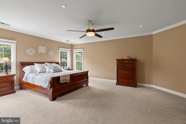 1002 Queen Annes Lace Way, Annapolis, MD 21401 - bedroom with baseboards, ornamental molding, light carpet, recessed lighting, and ceiling fan