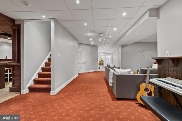 1002 Queen Annes Lace Way, Annapolis, MD 21401 - carpeted living room featuring stairs, a paneled ceiling, a ceiling fan, baseboards, and recessed lighting