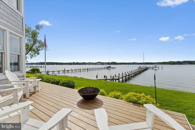 1100 Steamboat Rd, Shady Side, MD 20764 - wooden deck with a dock, a lawn, and a water view
