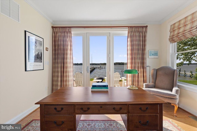1100 Steamboat Rd, Shady Side, MD 20764 - office with baseboards, crown molding, light wood-style floors, and a water view
