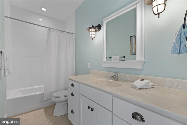 1100 Steamboat Rd, Shady Side, MD 20764 - full bath featuring toilet, vanity, tile patterned floors, shower / bathtub combination with curtain, and recessed lighting