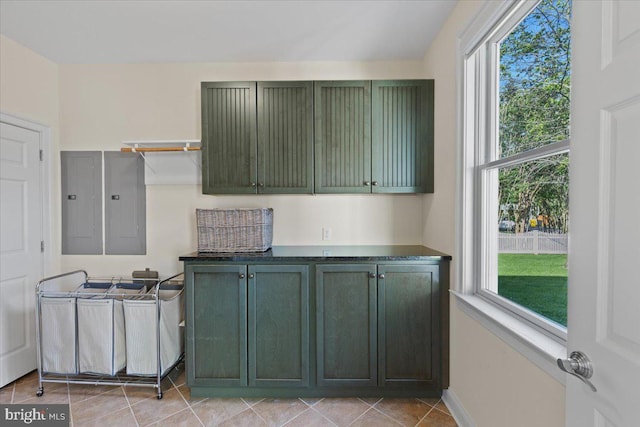 1100 Steamboat Rd, Shady Side, MD 20764 - kitchen featuring green cabinetry, plenty of natural light, light tile patterned floors, and electric panel