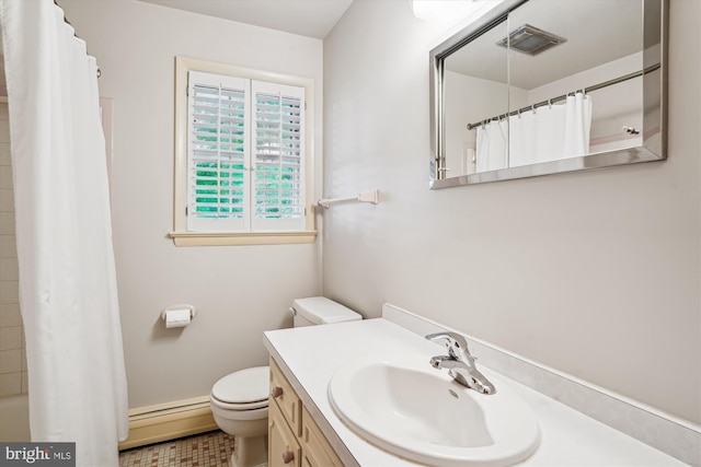 18312 Metz Dr, Germantown, MD 20874 - full bathroom featuring a baseboard heating unit, toilet, curtained shower, and vanity