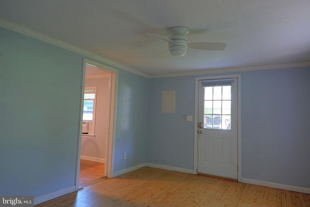 14308 Bristow Rd, Manassas, VA 20112 - entryway featuring light wood finished floors, a ceiling fan, baseboards, and crown molding