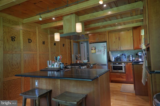 14308 Bristow Rd, Manassas, VA 20112 - kitchen with island range hood, stainless steel appliances, wooden ceiling, dark countertops, and a center island