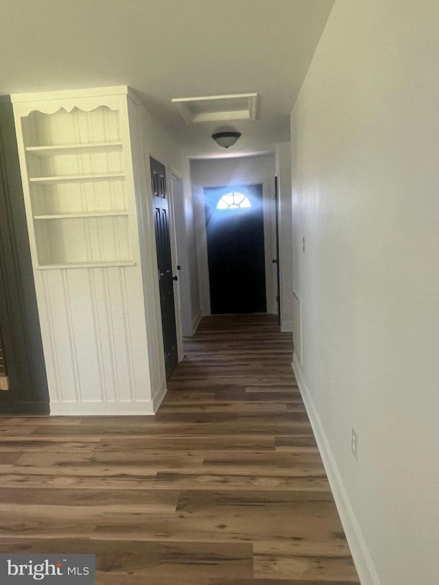 1807 Calvary Church Rd, Warsaw, VA 22572 - hall with baseboards, wood finished floors, and attic access