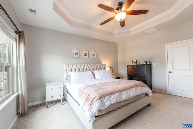 1509 Delphi Ln, Charlottesville, VA 22911 - bedroom with light carpet, a raised ceiling, baseboards, crown molding, and ceiling fan