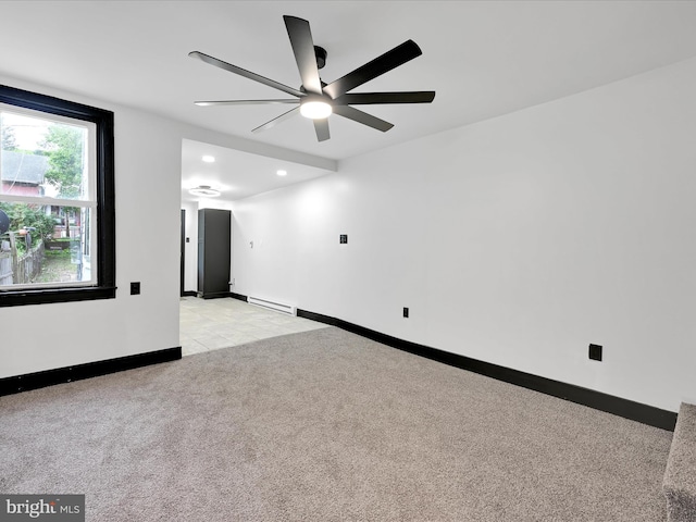 1420 W Walnut St, Ashland, PA 17921 - unfurnished room with light colored carpet, a baseboard radiator, baseboards, recessed lighting, and ceiling fan