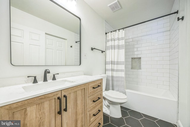 full bath featuring tile patterned flooring, vanity, toilet, and shower / bath combination with curtain