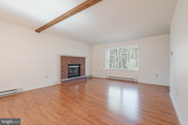 251 Depuy Dr, Pocono Lake, PA 18347 - unfurnished living room featuring a baseboard radiator, light wood-style flooring, beam ceiling, and a brick fireplace