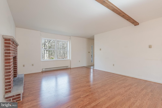 251 Depuy Dr, Pocono Lake, PA 18347 - unfurnished living room with a baseboard radiator, a brick fireplace, light wood-style flooring, beam ceiling, and baseboards