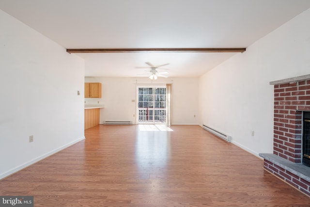 251 Depuy Dr, Pocono Lake, PA 18347 - unfurnished living room with baseboard heating, a baseboard radiator, a brick fireplace, light wood-type flooring, and beam ceiling