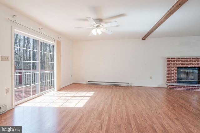 251 Depuy Dr, Pocono Lake, PA 18347 - unfurnished living room featuring baseboard heating, wood finished floors, ceiling fan, a fireplace, and beamed ceiling