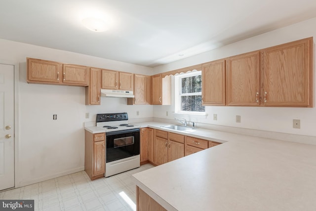 251 Depuy Dr, Pocono Lake, PA 18347 - kitchen with electric range, a sink, under cabinet range hood, and light countertops