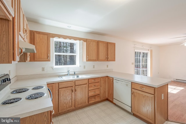 251 Depuy Dr, Pocono Lake, PA 18347 - kitchen featuring white dishwasher, a sink, a peninsula, under cabinet range hood, and light flooring