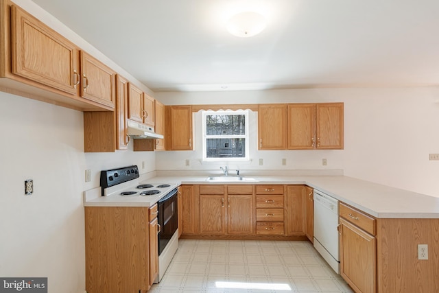 251 Depuy Dr, Pocono Lake, PA 18347 - kitchen featuring white appliances, under cabinet range hood, a sink, a peninsula, and light floors