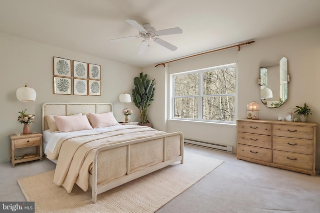 251 Depuy Dr, Pocono Lake, PA 18347 - bedroom with a baseboard radiator, light carpet, and ceiling fan
