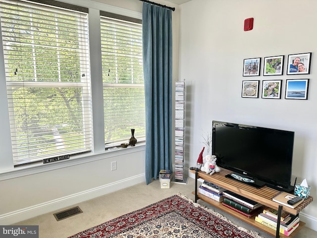 living area with carpet flooring, healthy amount of natural light, and baseboards