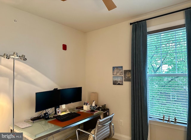 office with plenty of natural light, a ceiling fan, and baseboards