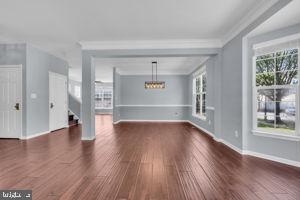 42783 Freedom St, Chantilly, VA 20152 - unfurnished living room with wood finished floors, ornamental molding, and stairs