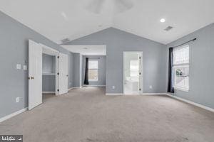 42783 Freedom St, Chantilly, VA 20152 - unfurnished bedroom with lofted ceiling, carpet flooring, multiple windows, and a ceiling fan