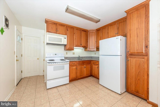 1426 W 11th St, Frederick, MD 21702 - kitchen with white appliances, a sink, brown cabinetry, and dark countertops