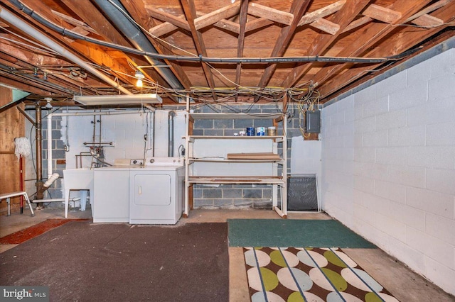 1426 W 11th St, Frederick, MD 21702 - unfinished below grade area featuring washing machine and dryer, concrete block wall, and a sink
