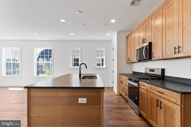 5 Graze Way, Carlisle, PA 17015 - kitchen with stainless steel appliances, a sink, dark countertops, a center island with sink, and recessed lighting