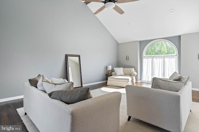 123 Nantucket Dr, Middletown, DE 19709 - living room featuring a ceiling fan, lofted ceiling, wood finished floors, and baseboards