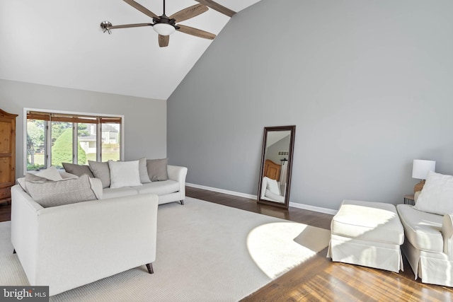 123 Nantucket Dr, Middletown, DE 19709 - living room featuring ceiling fan, high vaulted ceiling, wood finished floors, and baseboards
