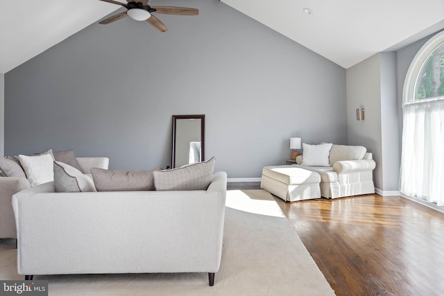123 Nantucket Dr, Middletown, DE 19709 - living area with ceiling fan, high vaulted ceiling, wood finished floors, and baseboards