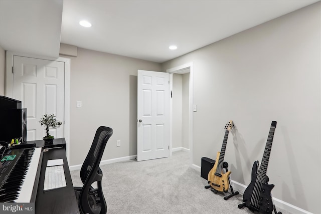 office space featuring baseboards, carpet flooring, and recessed lighting