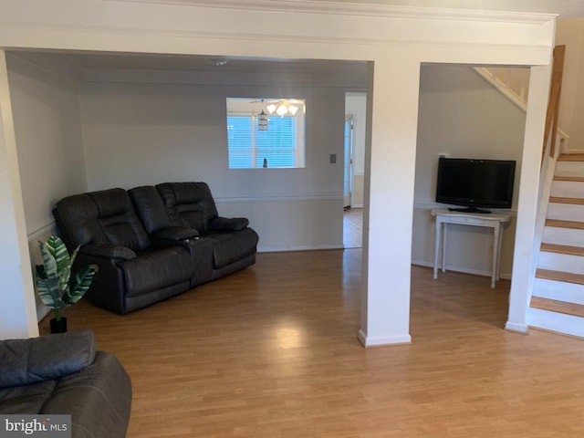 1170 Hisey Ave, Woodstock, VA 22664 - living room featuring stairs, light wood-type flooring, and baseboards