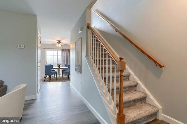stairs featuring wood finished floors, baseboards, and a ceiling fan