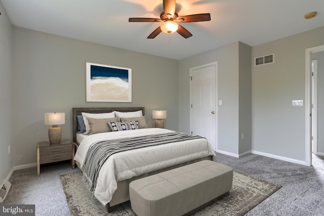 bedroom with carpet floors, baseboards, and a ceiling fan