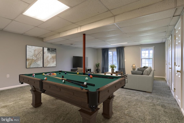 playroom with carpet, a drop ceiling, pool table, and baseboards