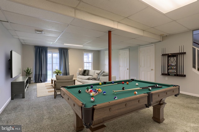 game room with carpet, a paneled ceiling, baseboards, and billiards