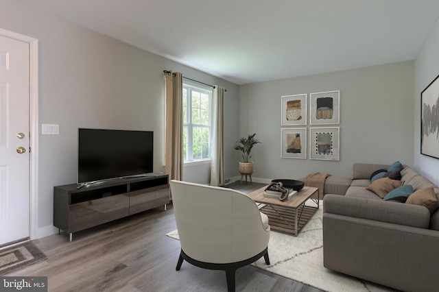living room featuring wood finished floors and baseboards