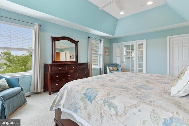 bedroom featuring light colored carpet, recessed lighting, and a ceiling fan
