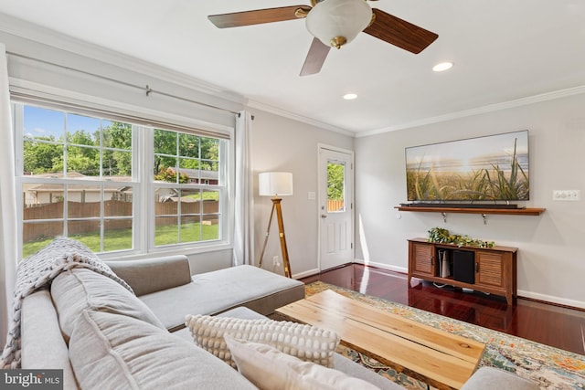 6311 Gentele Ct, Alexandria, VA 22310 - living area with wood finished floors, baseboards, ornamental molding, recessed lighting, and a ceiling fan