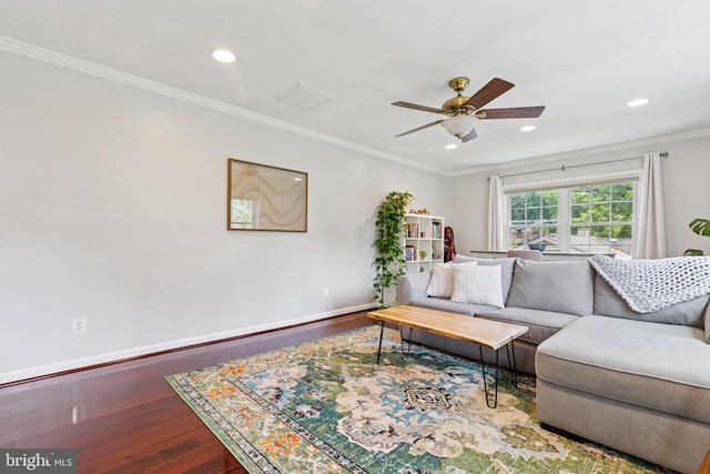6311 Gentele Ct, Alexandria, VA 22310 - living area with wood finished floors, a ceiling fan, recessed lighting, ornamental molding, and baseboards