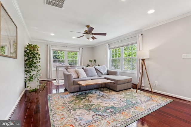 6311 Gentele Ct, Alexandria, VA 22310 - living area featuring baseboards, a ceiling fan, wood-type flooring, ornamental molding, and recessed lighting