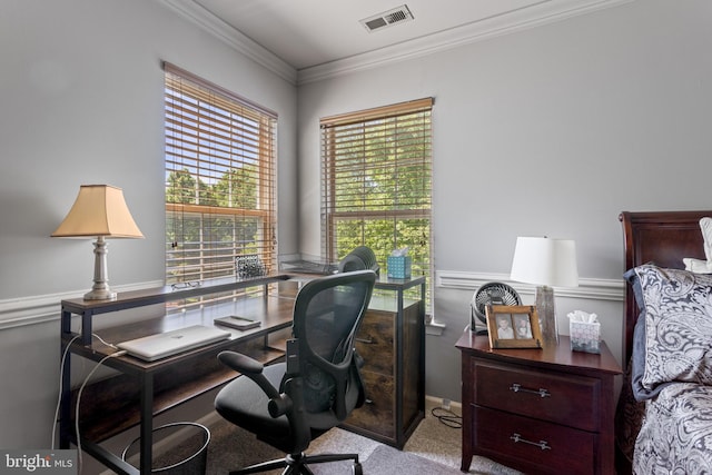 carpeted office space with ornamental molding and wainscoting